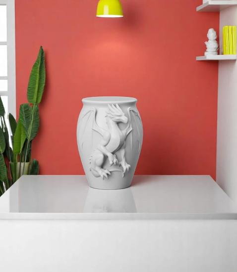 Ejderha Desenli Vazo | 18 CM | Beyaz